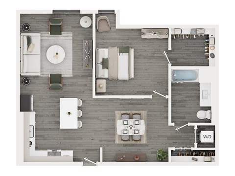 A top-down view of a well-organized kitchen and dining area.